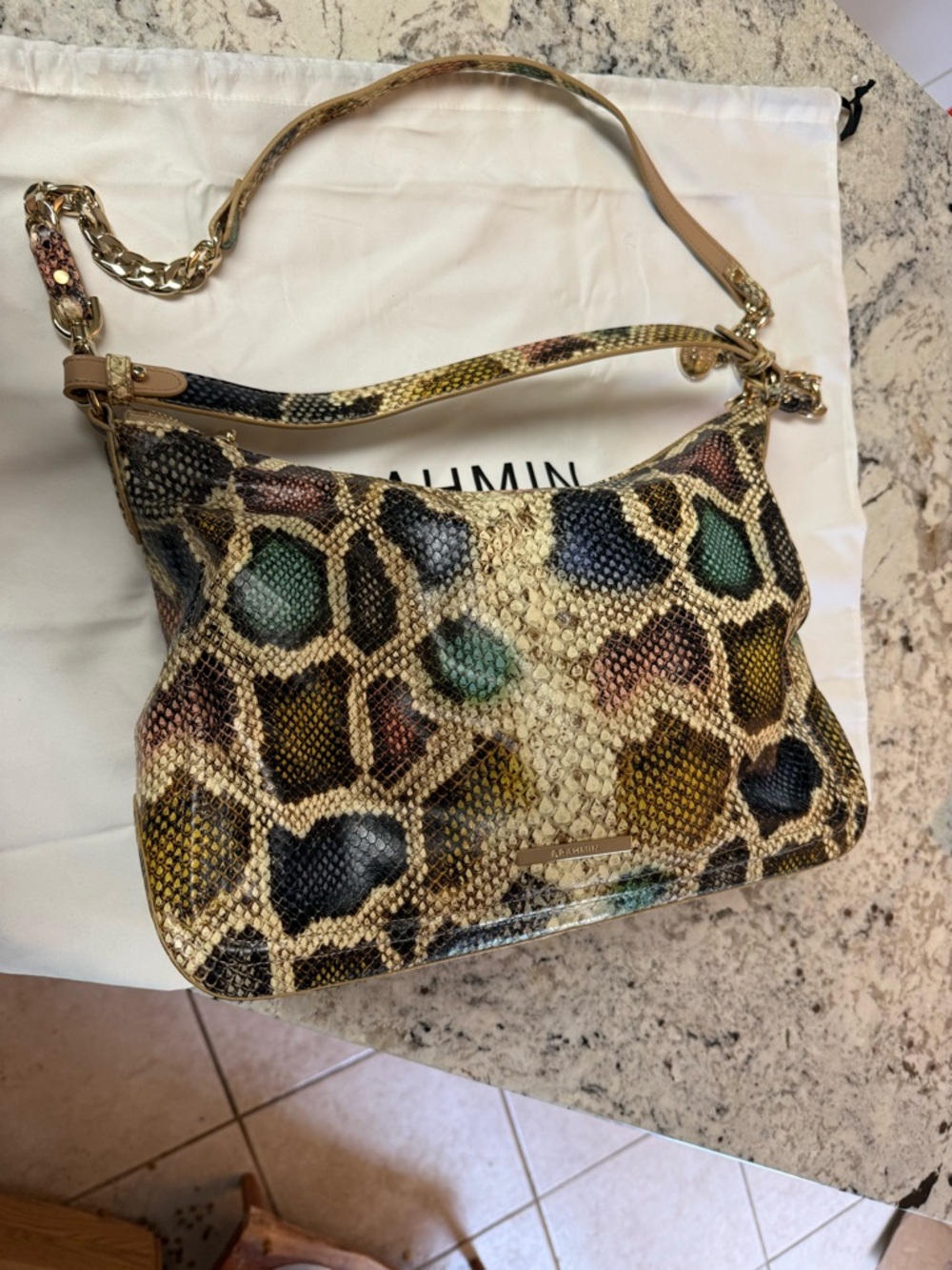 Brahmin Multicolor Textured Snake-Print Leather Shoulder Bag with Gold Chain - Picture 3 of 7
